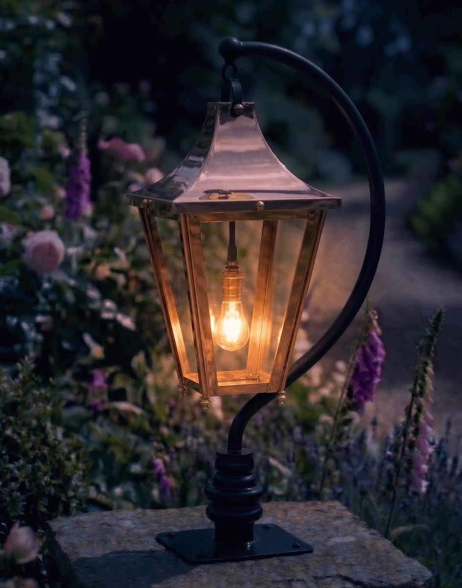 Digital Illustration of the 83cm Copper Swan Neck Pillar & Lantern Mounted on a Stone Garden Pillar Lit up at Night