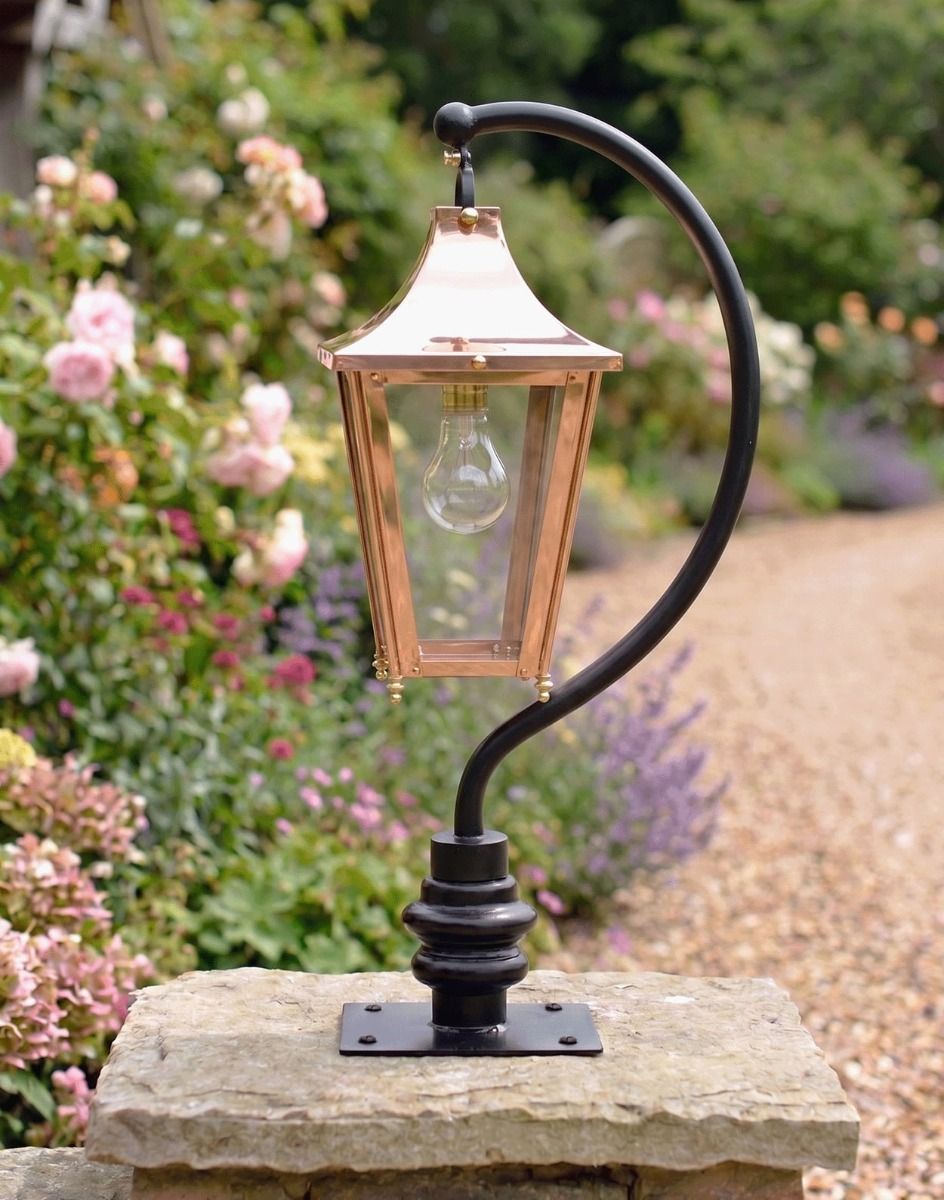 Digital Illustration of the 83cm Copper Swan Neck Pillar & Lantern Mounted on a Stone Garden Pillar View Face on