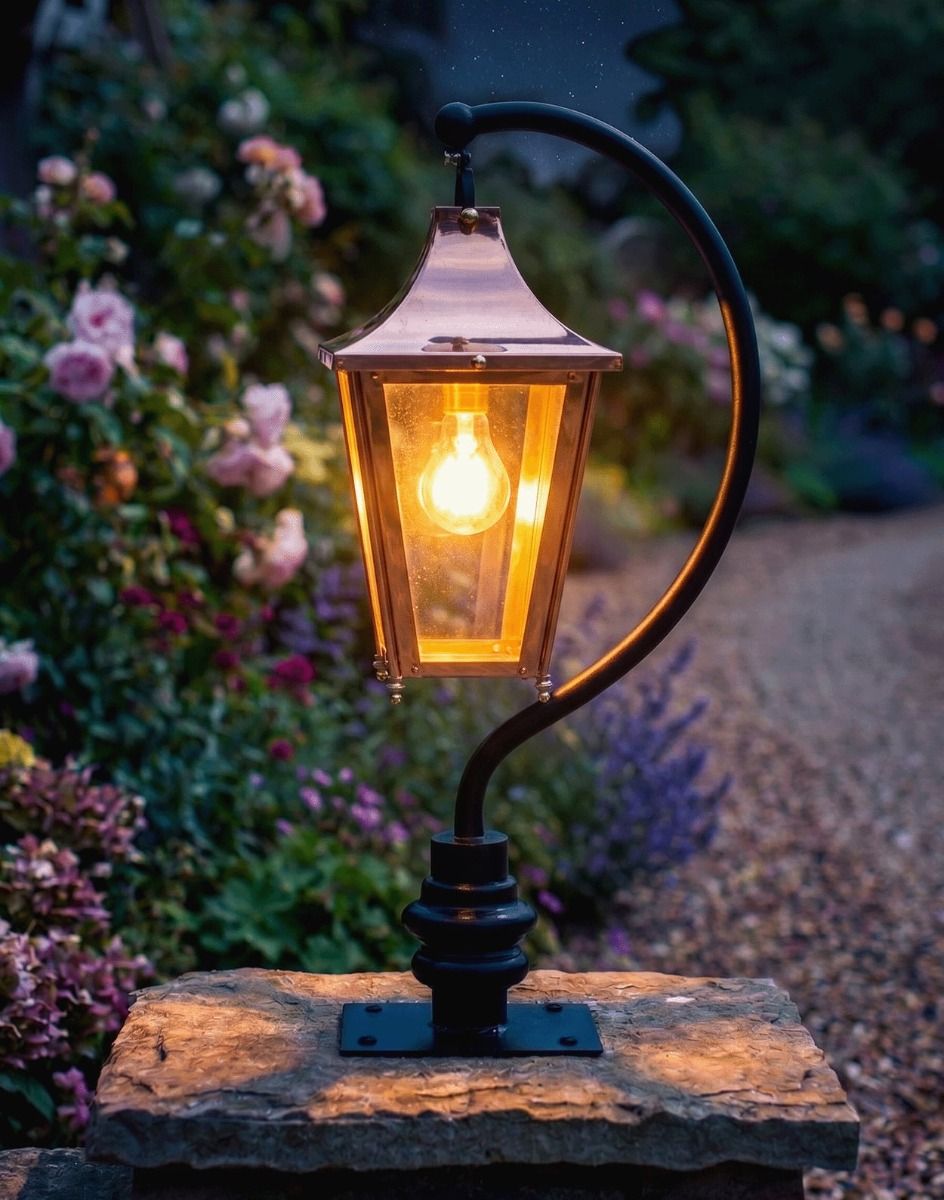 Digital Illustration of the 83cm Copper Swan Neck Pillar & Lantern Mounted on a Stone Garden Pillar View Face on and Lit up at Night
