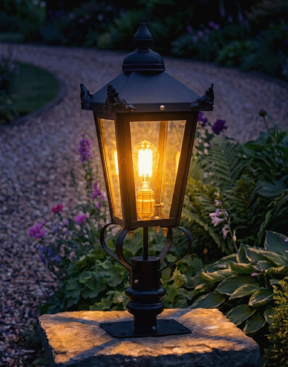 Digital Illustration of the 83cm Victorian Pillar Light and Lantern Set Mounted on a Stone Garden Pillar and Lit up at Night
