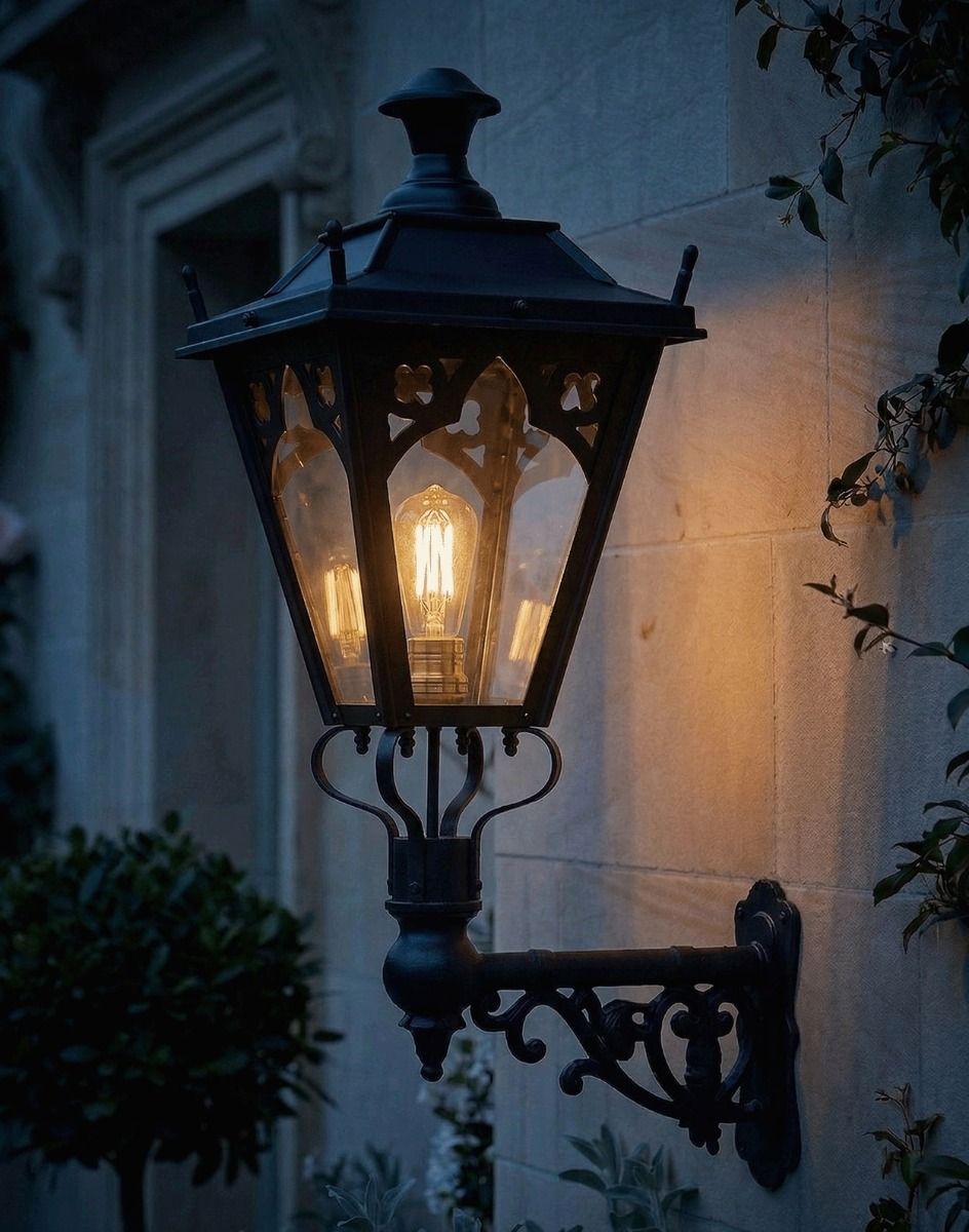 Digital Illustration of the 84 x 37cm Black Gothic Wall Lantern on Ornate Bracket Lit up at Night 