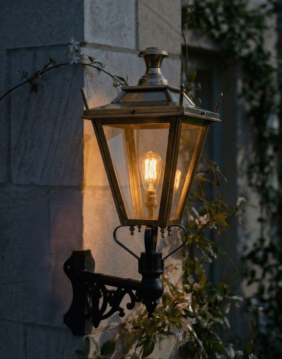 Digital Illustration of the 84 x 37cm Brass Dorchester Wall Lantern on a Corner Bracket Lit up at Night
