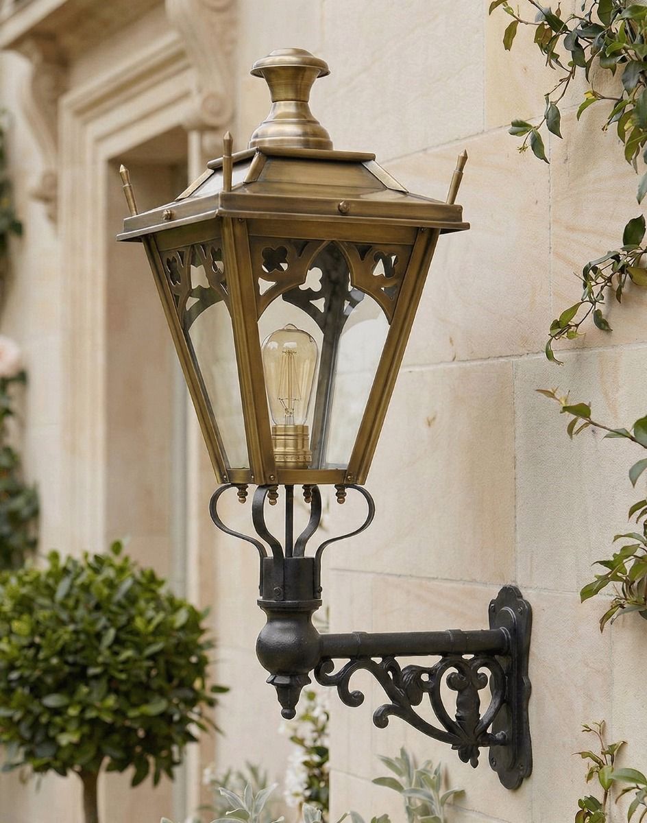 Digital Illustration of the 84 x 37cm Brass Gothic Wall Lantern on Ornate Bracket Mounted on a Sandstone Brick Home 