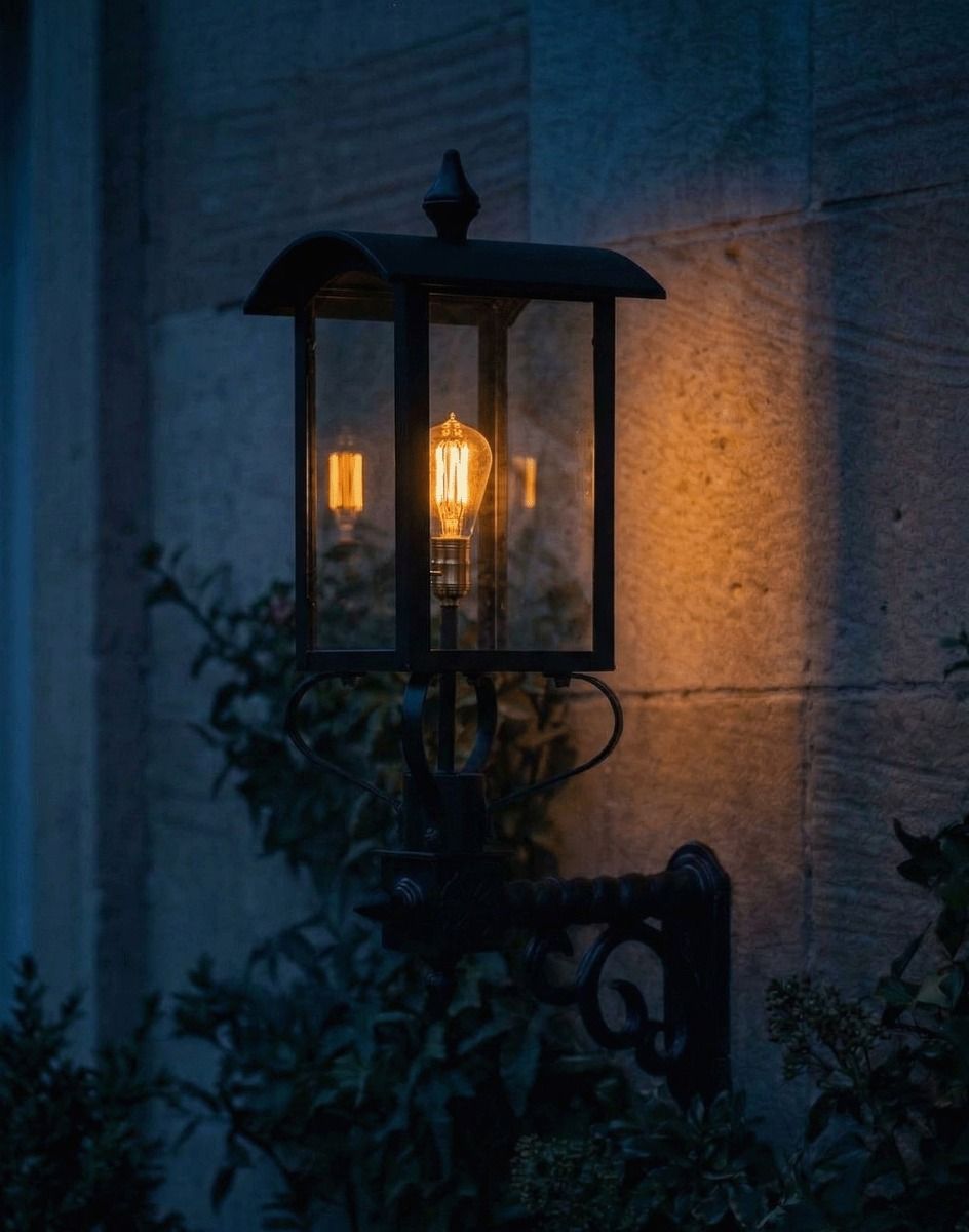 Digital Illustration of the 85 x 65cm Black Curved Top Victorian Porch Wall Light Lit up at Night