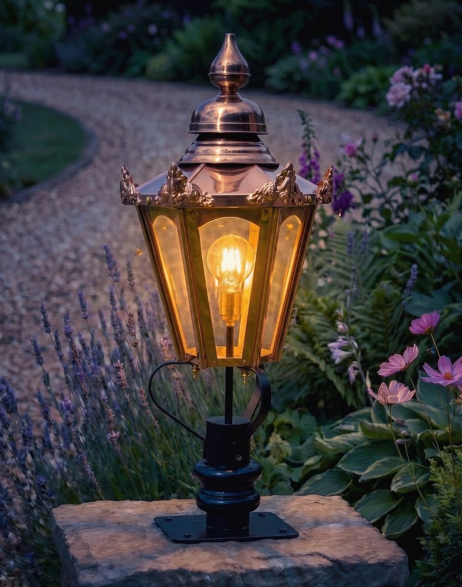 Digital Illustration of the 86cm Copper Hexagonal Pillar Light and Lantern Set Mounted on a Stone Garden Wall Pillar and Lit up at Night