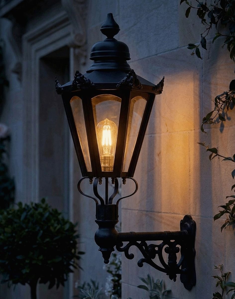 Digital Illustration of the 88 x 33cm Black Hexagonal Wall Lantern on Ornate Bracket Lit up at Night