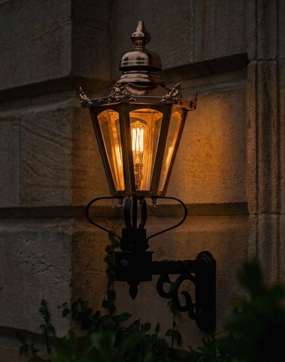 Digital Illustration of the 88 x 33cm Copper Hexagonal Wall Lantern on a Royale Bracket Lit up at Night