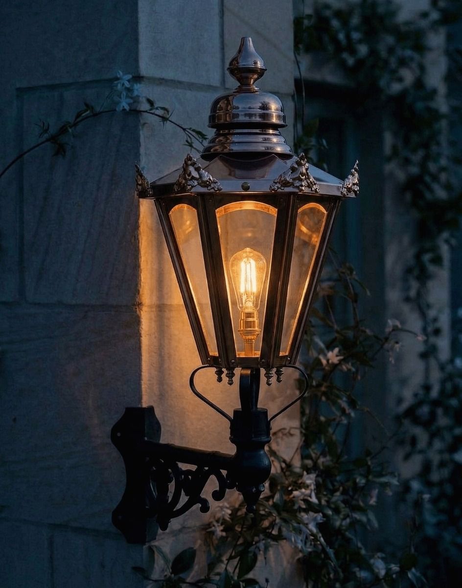 Digital Illustration of the 88 x 33cm Copper Hexagonal Wall Lantern on Corner Bracket Lit up at Night