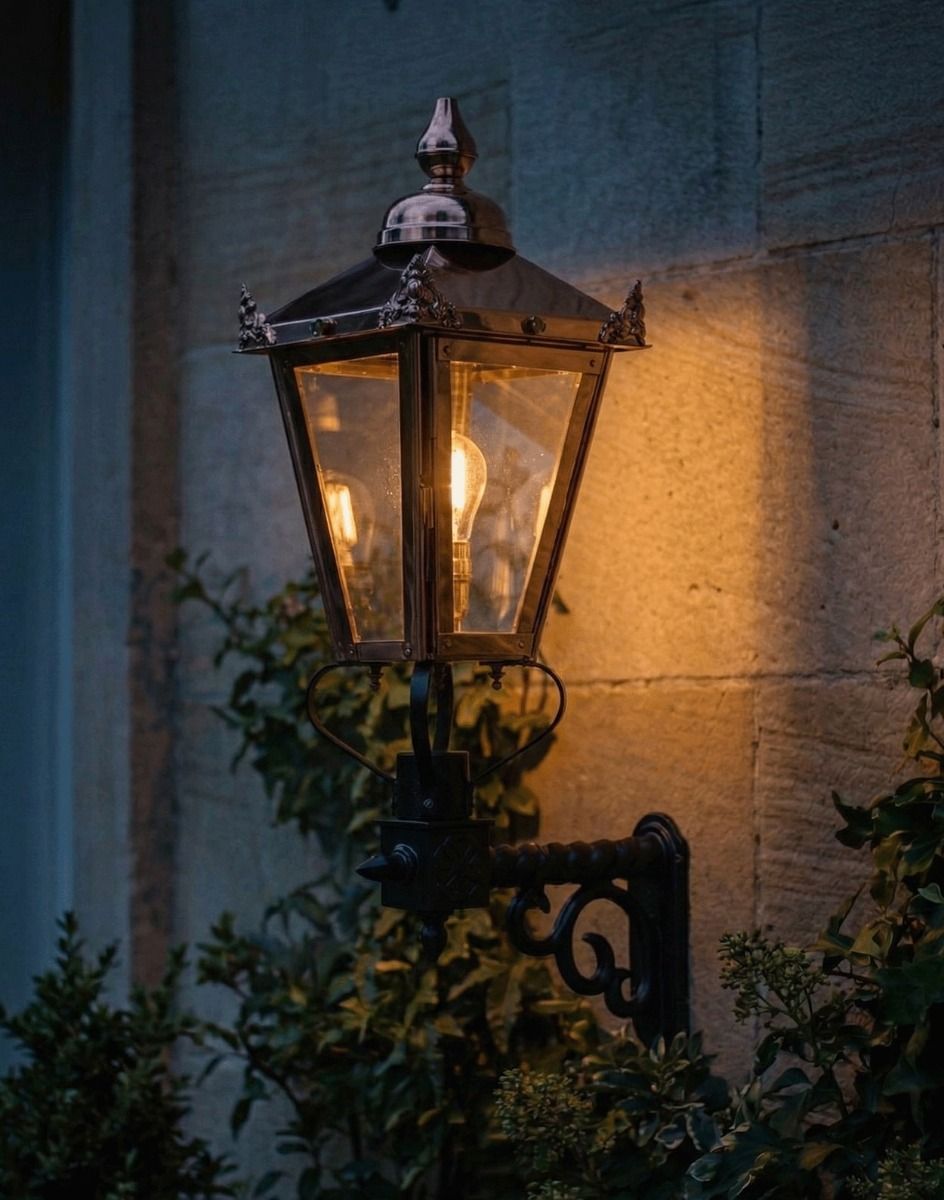 Digital Illustration of the 88 x 33cm Copper Wall Lantern on a Royale Bracket Lit up at Night 