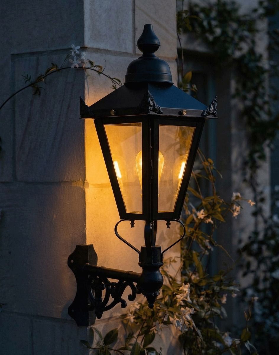 Digital Illustration of the 88 x 33cm Victorian Wall Lantern on a Corner Bracket Lit up at Night