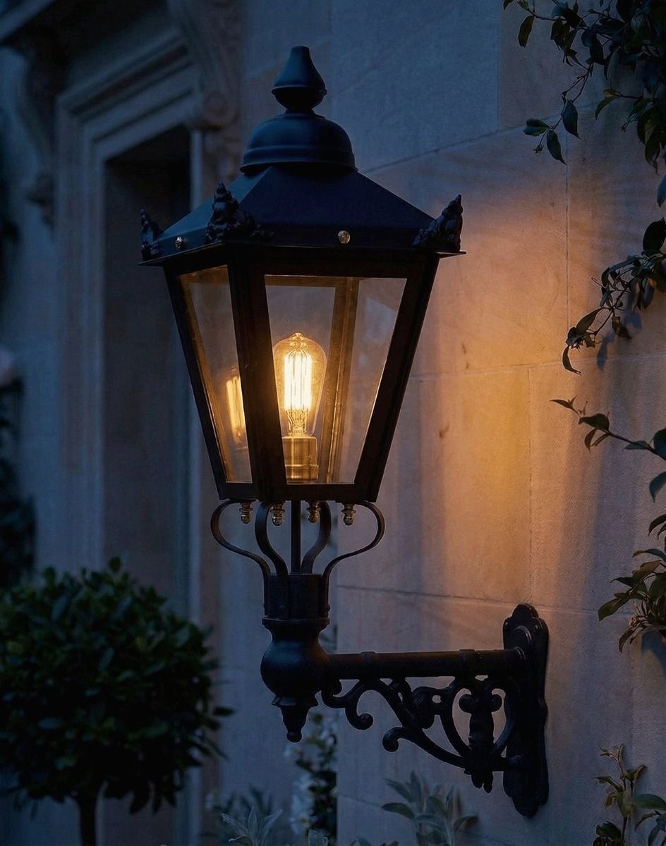 Digital Illustration of the 88 x 33cm Victorian Wall Lantern on Ornate Bracket Lit up at Night