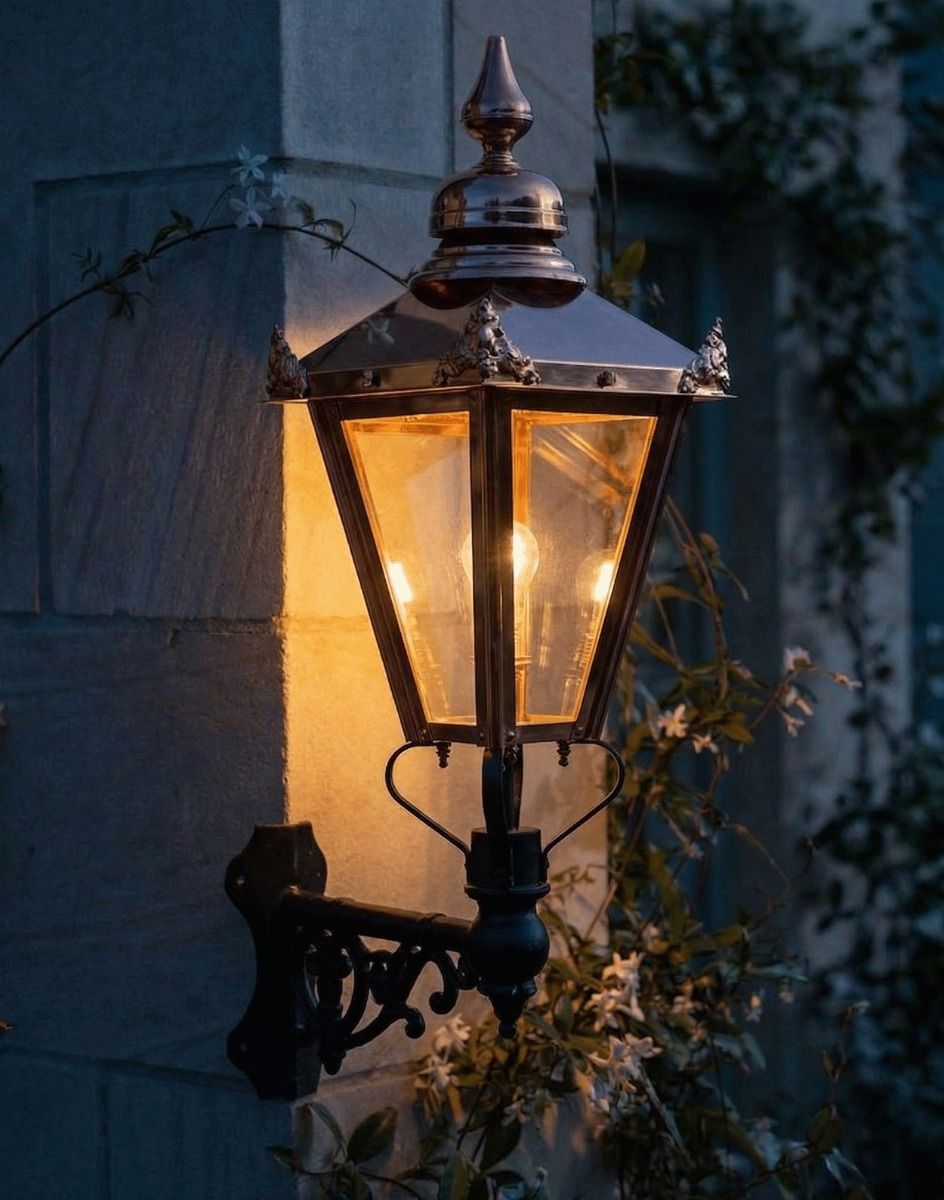 Digital Illustration of the 88cm x 33cm Copper Wall Lantern on Corner Bracket Lit up at Night