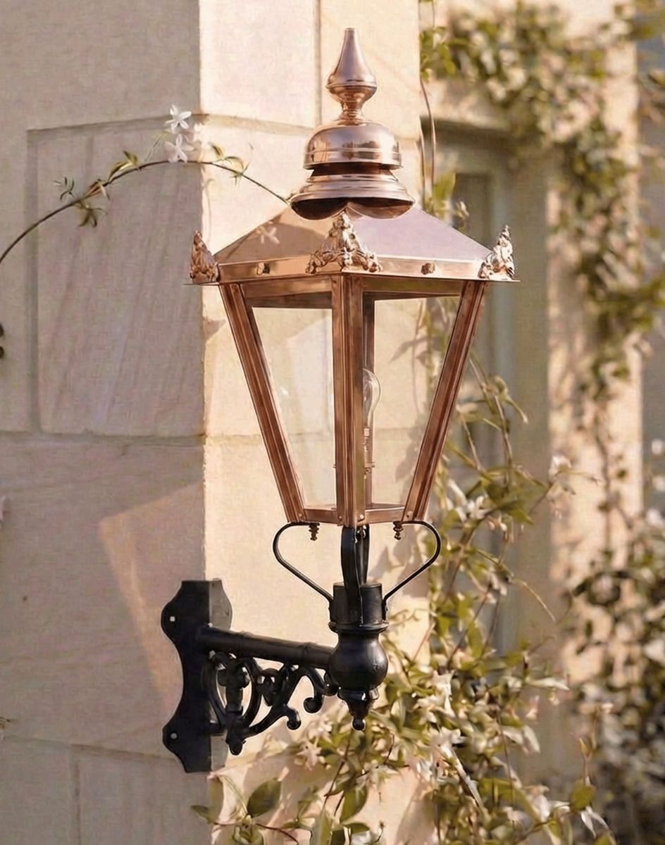 Digital Illustration of the 88cm x 33cm Copper Wall Lantern on Corner Bracket Mounted on a Sandstone Brick Garden Wall