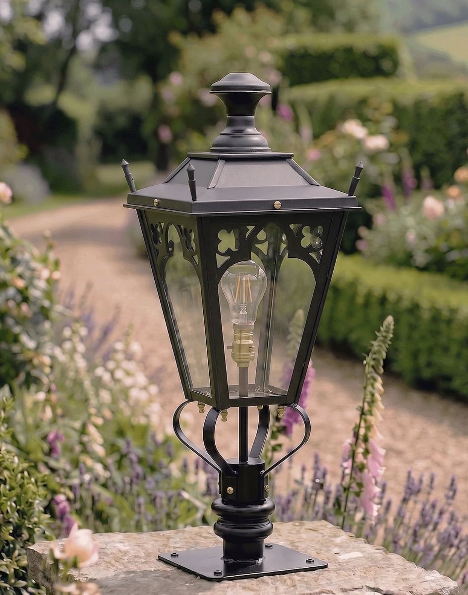 Digital Illustration of the 90cm Black Gothic Pillar Light and Lantern Set Mounted on a Stone Garden Pillar