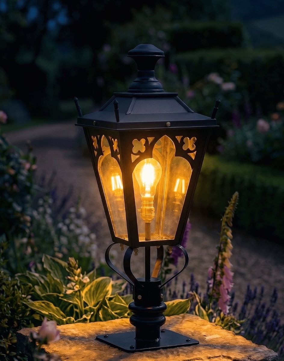 Digital Illustration of the 90cm Black Gothic Pillar Light and Lantern Set Mounted on a Stone Garden Pillar and Lit up at Night