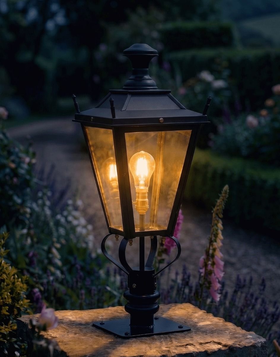 Digital Illustration of the 90cmBlack Dorchester Pillar Light and Lantern Set Mounted on a Stone Garden Pillar Whilst Lit up at Night 