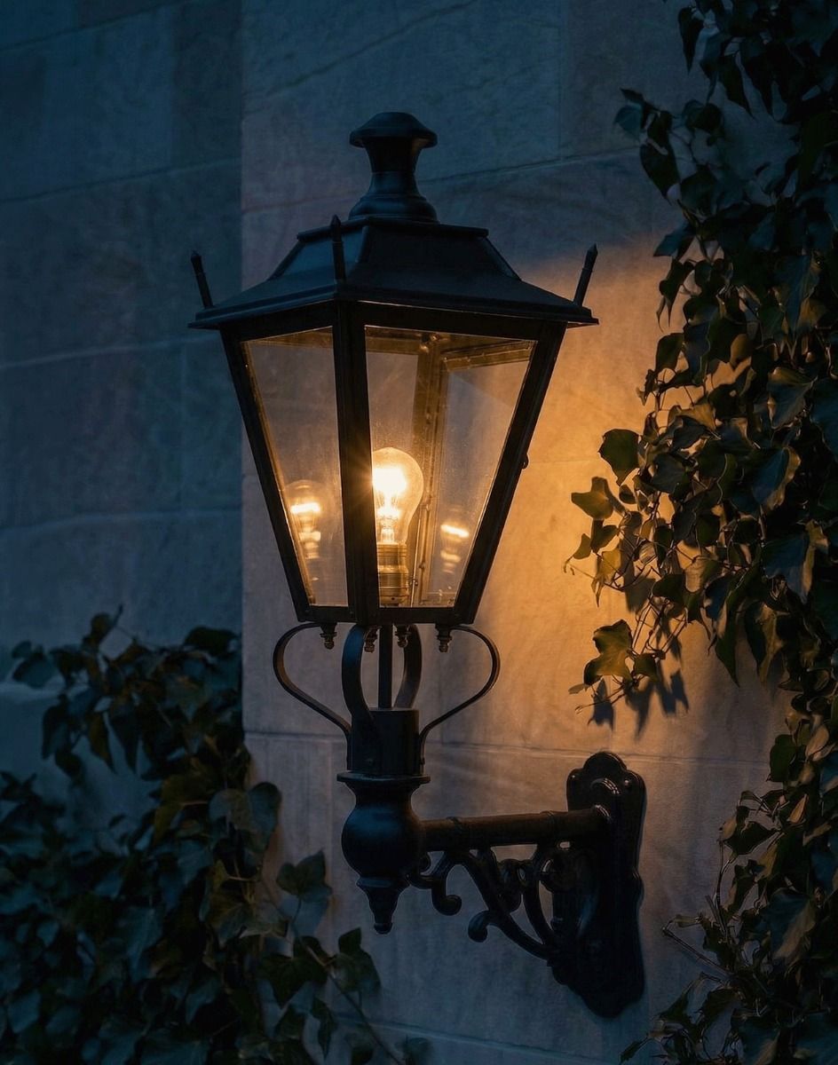 Digital Illustration of the 95 x 48cm Black Dorchester Lantern on an Ornate Bracket Lit up at Night