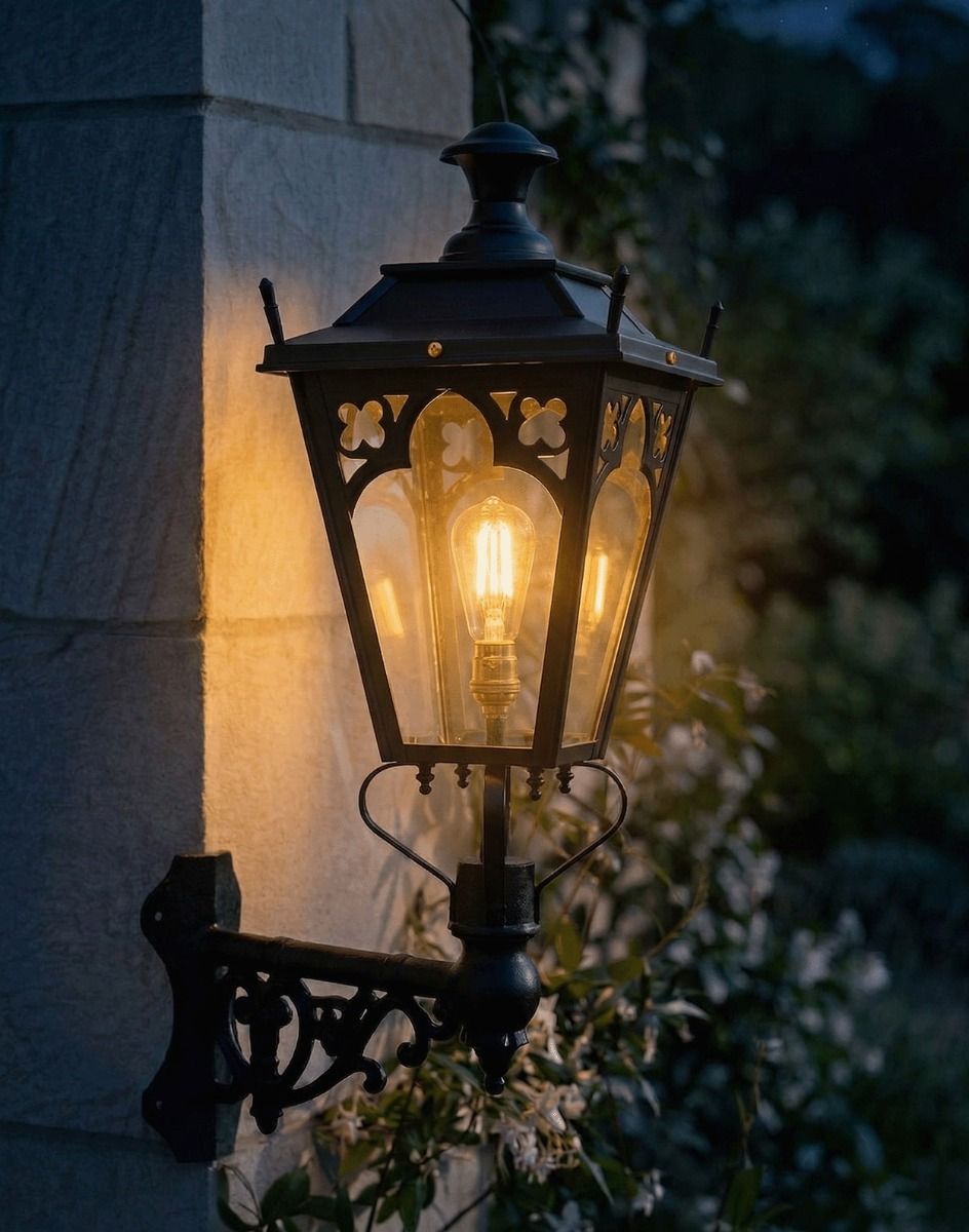 Digital Illustration of the 95 x 48cm Black Gothic Wall Lantern on a Corner Bracket Lit up at Night