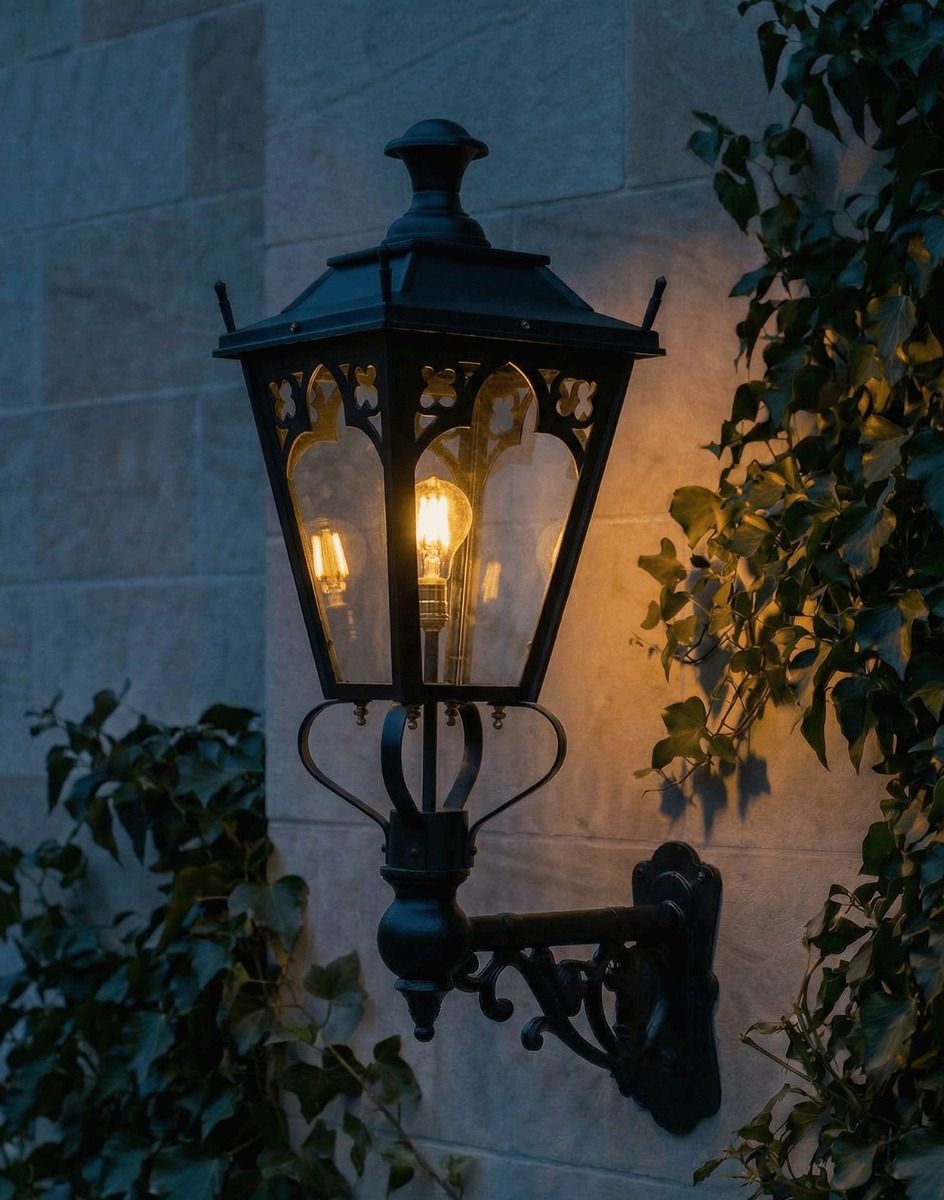 Digital Illustration of the 95 x 48cm Black Gothic Wall Lantern on an Ornate Bracket Lit up at Night 