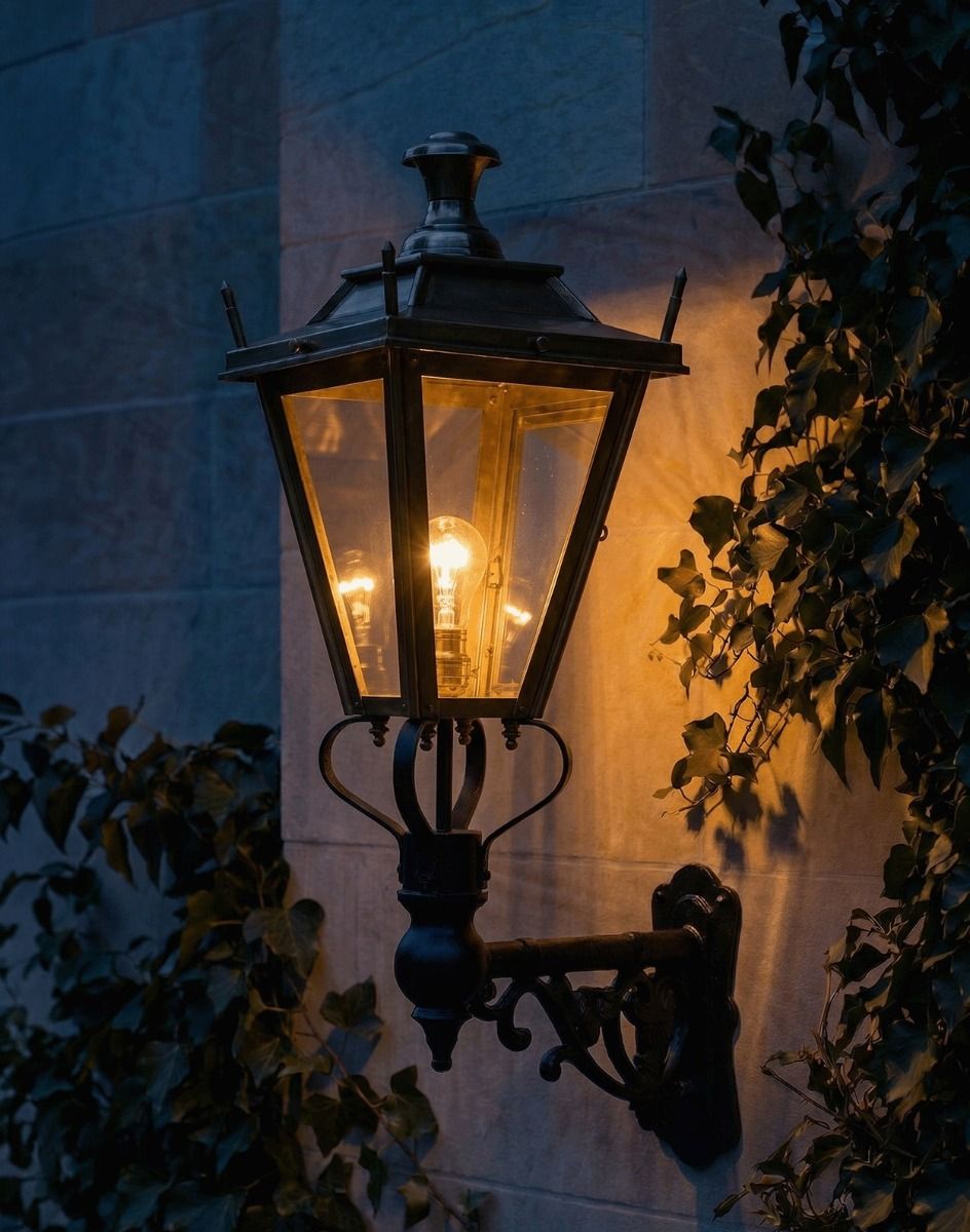 Digital Illustration of the 95 x 48cm Brass Dorchester Lantern on an Ornate Bracket Lit up at Night