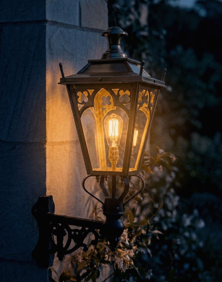 Digital Illustration of the 95 x 48cm Brass Gothic Wall Lantern on a Corner Bracket Lit up at Night