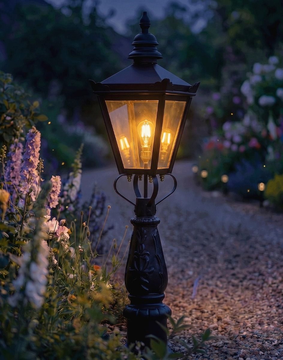 Digital Illustration of the 95cm Harrogate Lantern and Patio Post Positioned on a Flowery Gravel Driveway and Lit up at Night