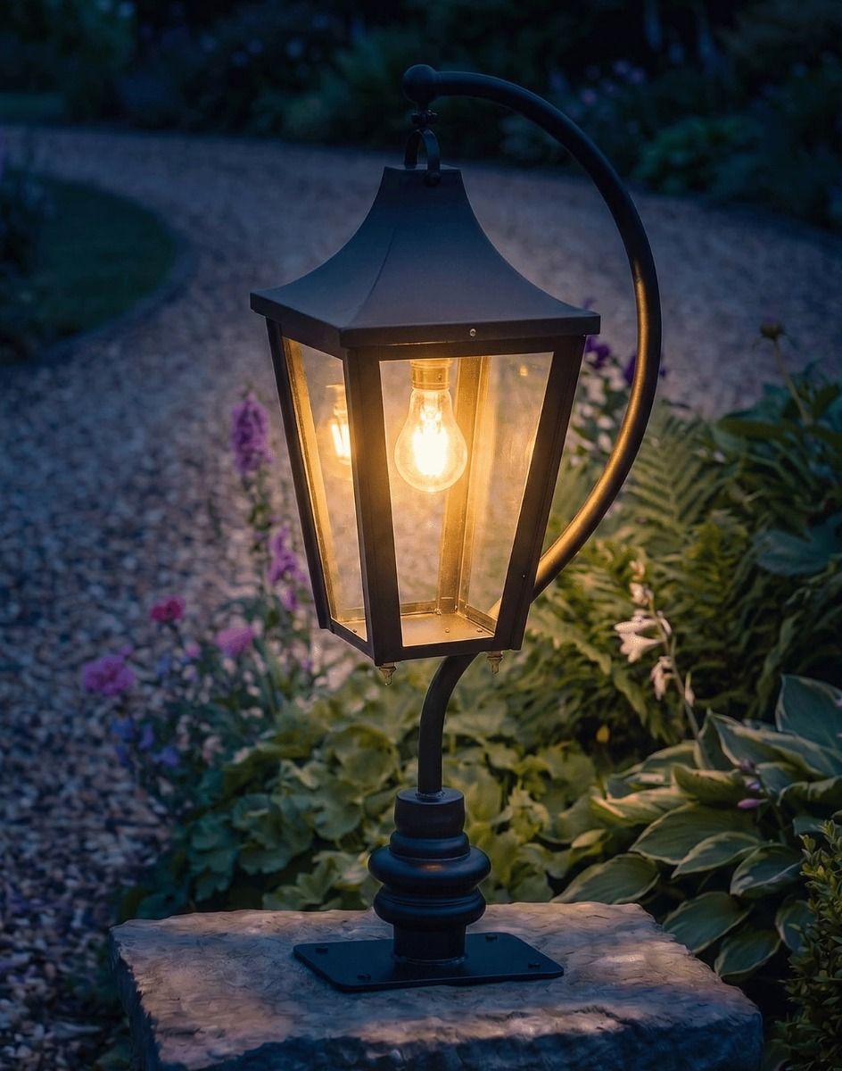 Digital Illustration of the 96cm Black Swan Neck Pillar Light & Lantern Set Mounted on a Stone Garden Pillar and Lit up at Night