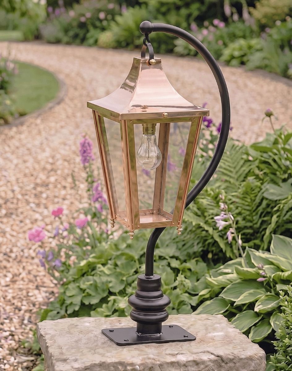 Digital Illustration of the 96cm Copper Swan Neck Pillar & Lantern Mounted on a Stone Garden Wall Pillar