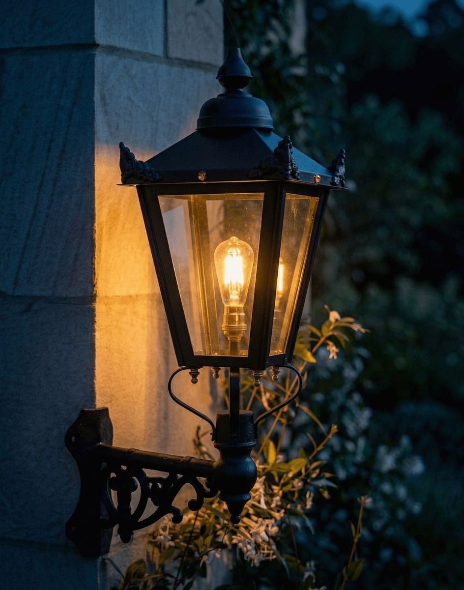 Digital Illustration of the 98 x46cm Victorian Wall Lantern on Corner Bracket Lit up at Night