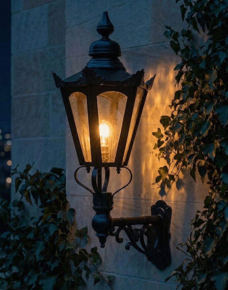 Digital Illustration of the 98 x 46cm Black Hexagonal Wall Lantern on an Ornate Bracket Lit up at Night