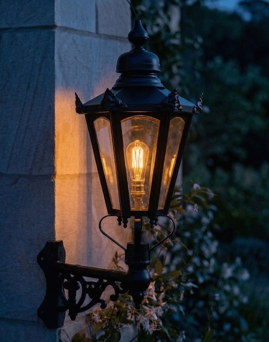 Digital Illustration of the 98 x 46cm Black Hexagonal Wall Lantern on Corner Bracket Lit up at Night