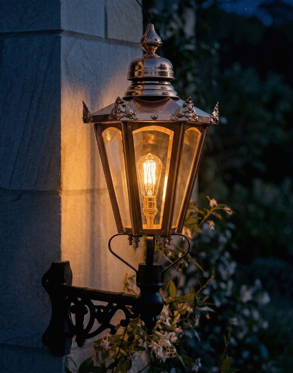 Digital Illustration of the 98 x 46cm Copper Hexagonal Wall Lantern on a Corner Bracket Lit up at Night