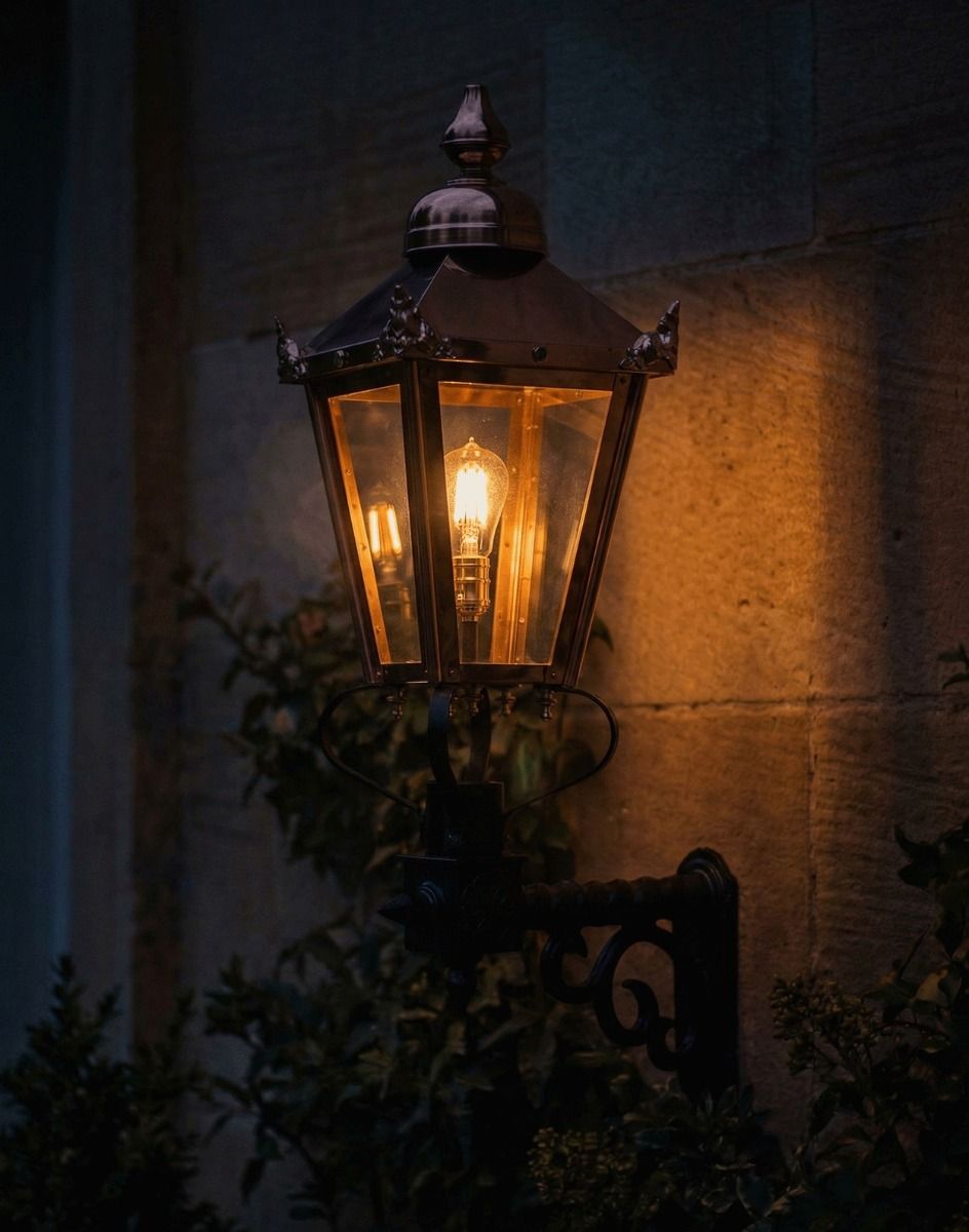Digital Illustration of the 98 x 46cm Copper Wall Lantern on a Royale Bracket Lit up at Night