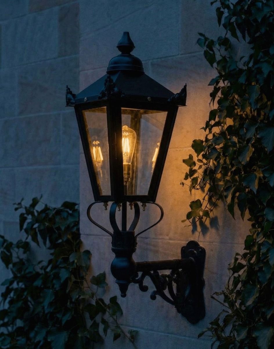 Digital Illustration of the 98 x 46cm Victorian Wall Lantern on an Ornate Bracket Lit up at Night