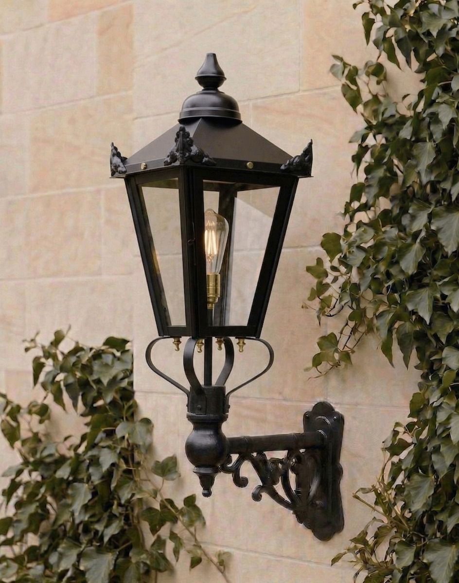 Digital Illustration of the 98 x 46cm Victorian Wall Lantern on an Ornate Bracket Mounted on a Classic Limestone Brick Building Wall