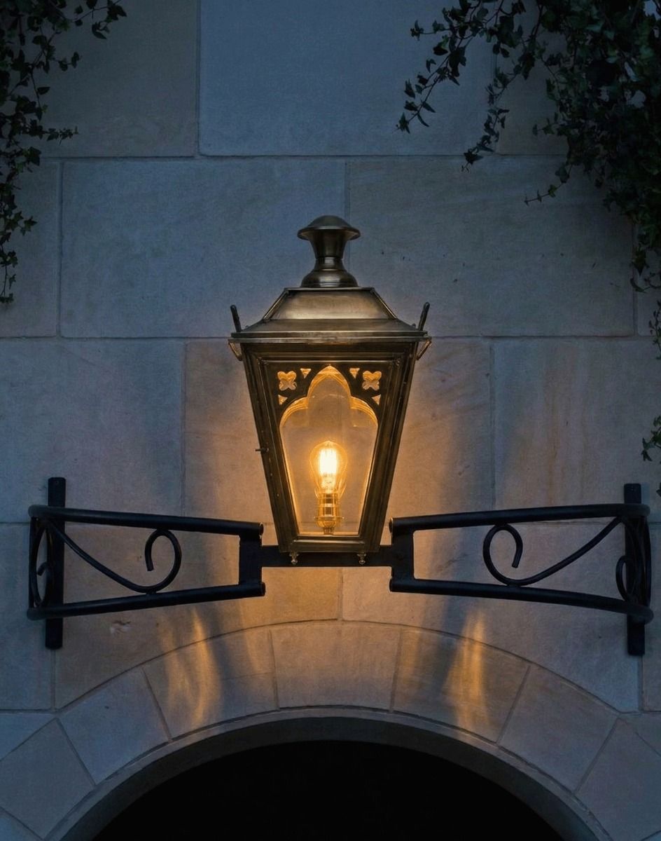 Digital Illustration of the Antique Brass Gothic Bow Bracket Light Lit up at Night