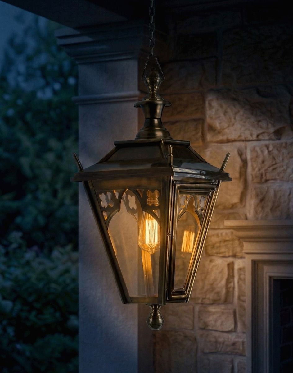 Digital illustration of the Antique Brass Gothic Chain Hanging Lantern Lit up at Night