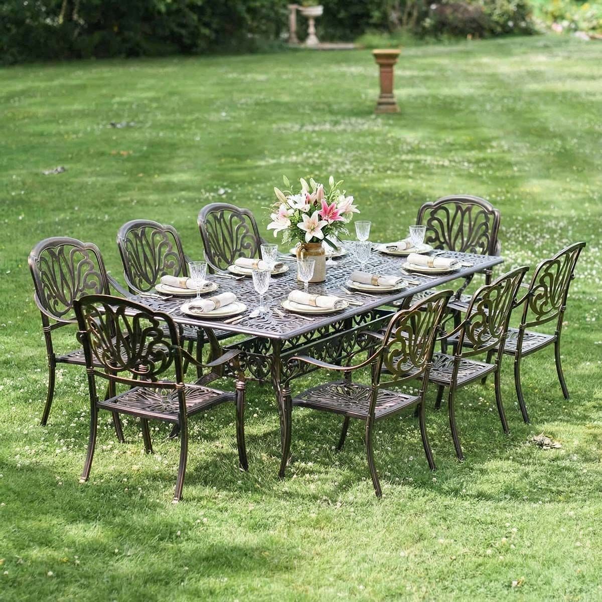 Digital Illustration of the Antique Bronze "Goliath" Eight Seater Garden Table & Chair Set Dressed For Dining