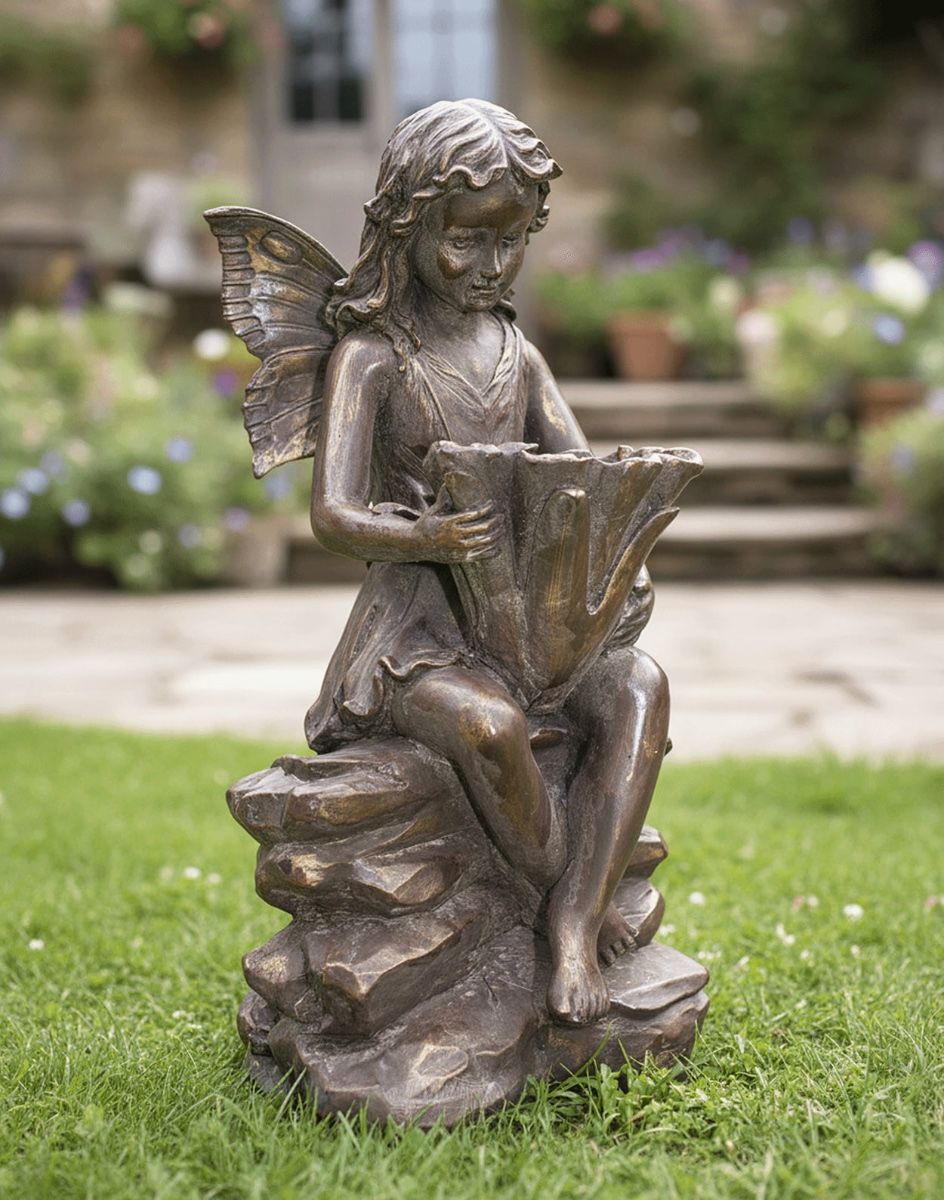 Digital Illustration of the Antique Bronze Woodland Fairy Sculpture Positioned on a Traditional Garden Lawn