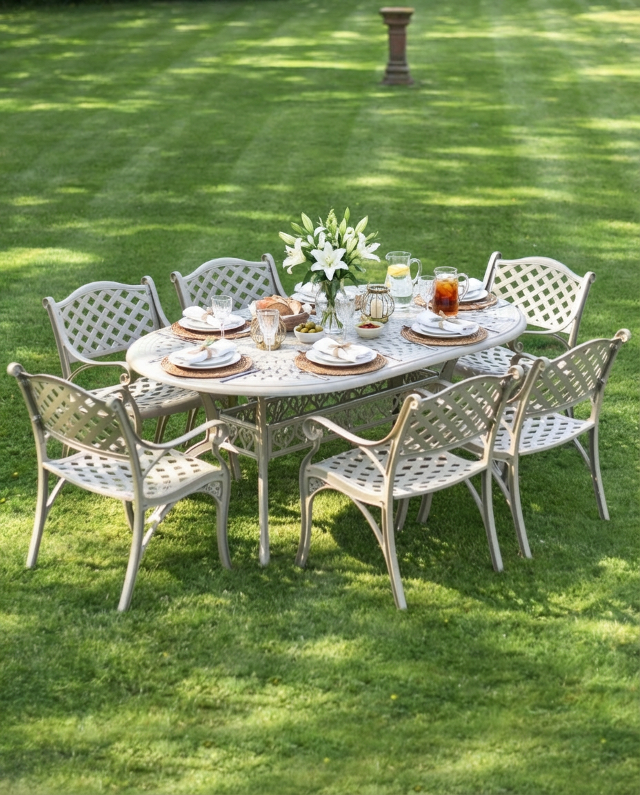 Digital Illustration of the Antique Champagne "Montacute" Six Seater Garden Table & Chair Set Dressed For Dining