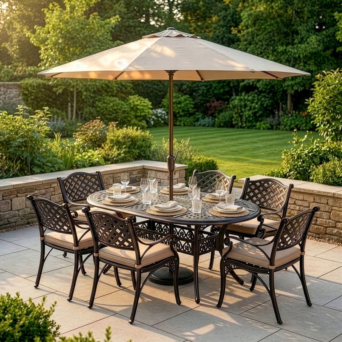 Digital Illustration of the Antique Copper "Montacute" Six Seater Furniture Set Ready For Dining dressed table