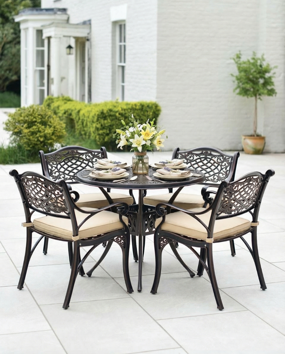 Digital Illustration of the Antique Copper "Adcote" Four Seater Furniture Set Dressed for Dining