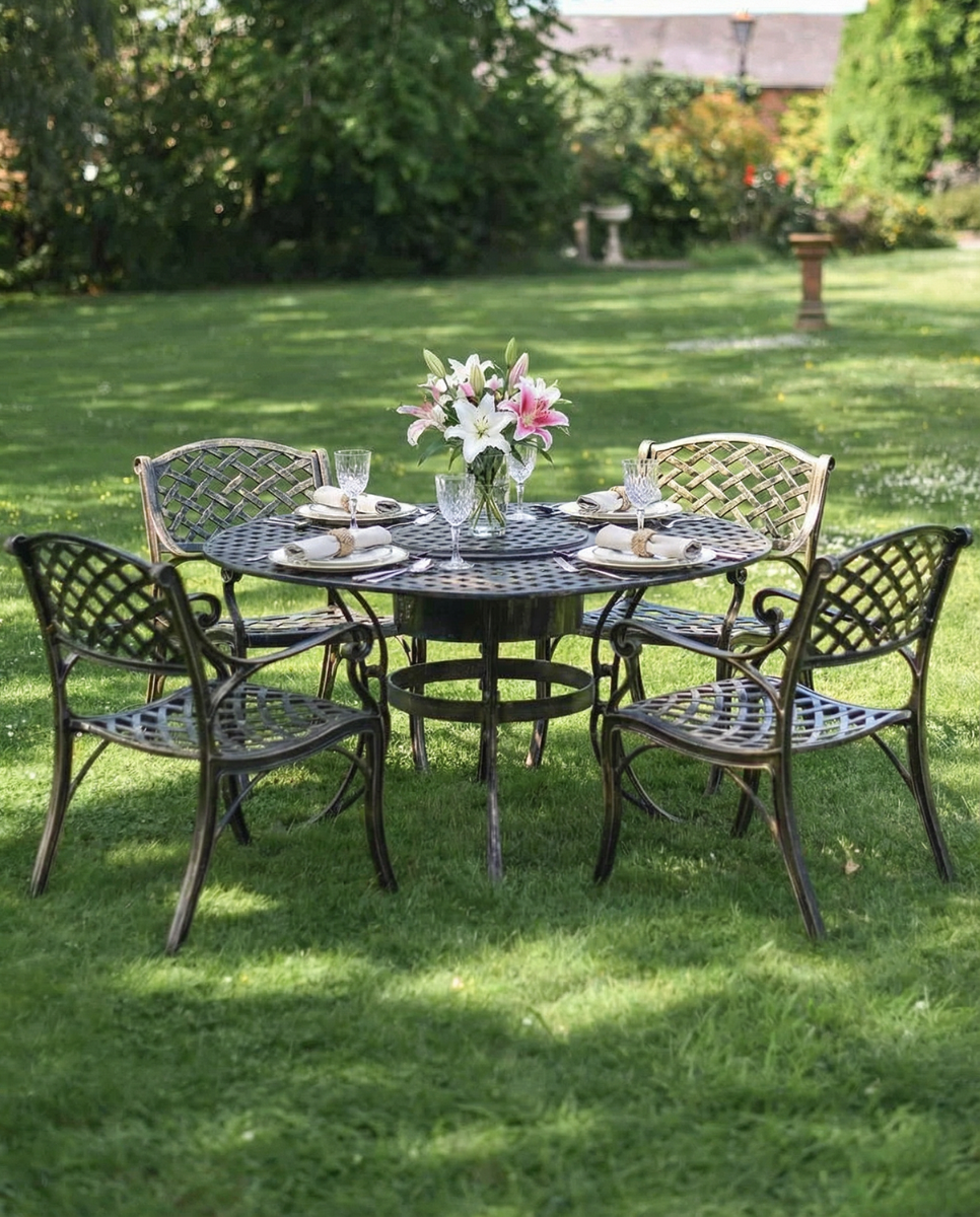 Digital Illustration of the Antique Gold "Frosted" Four Seater Table & Chair Set with Grill Dressed For Dining