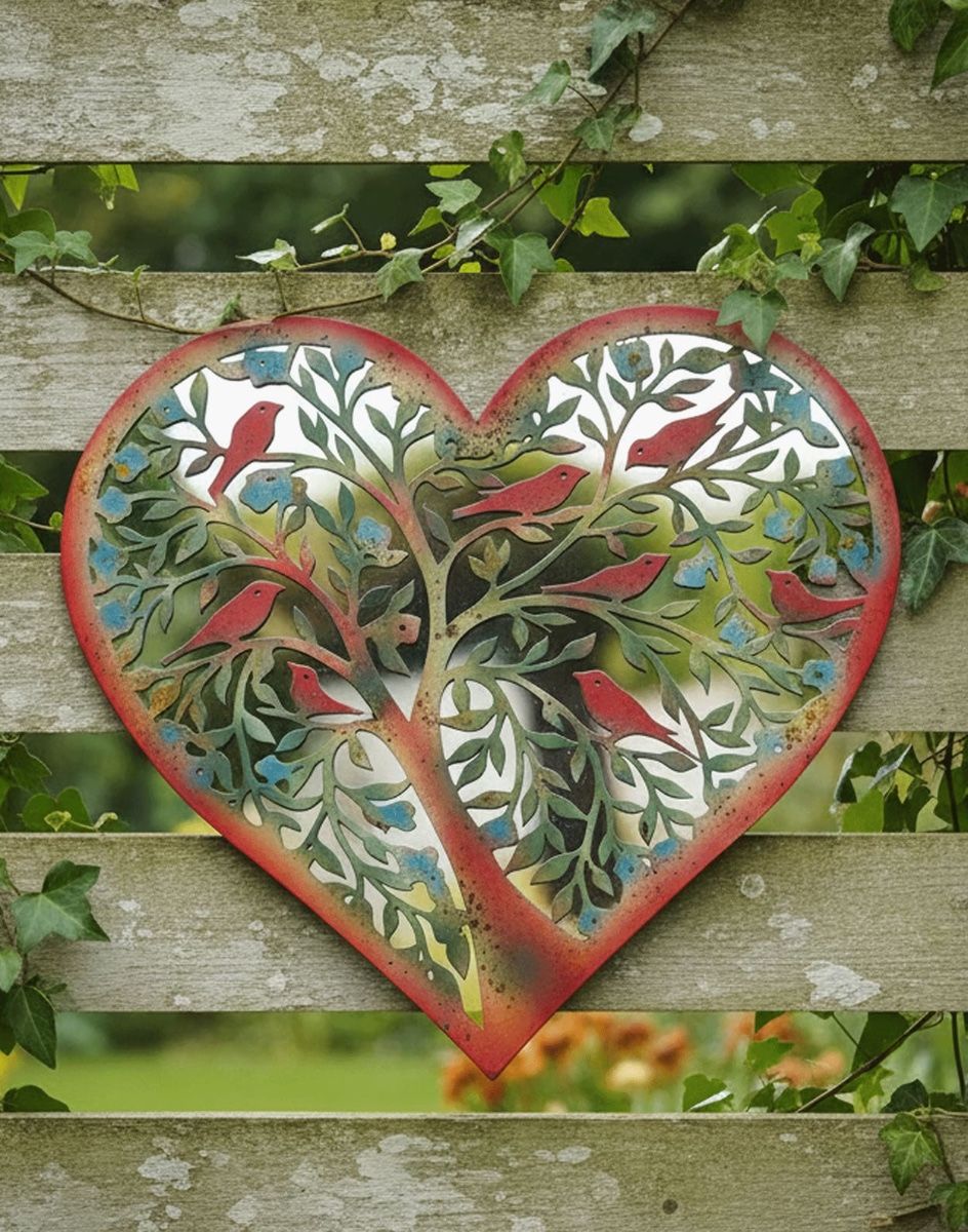 Digital Illustration of the "Aviary Tree" Heart Shaped Garden Mirror Wall Art Mounted on a Ivy Covered Garden Fence.jpg
