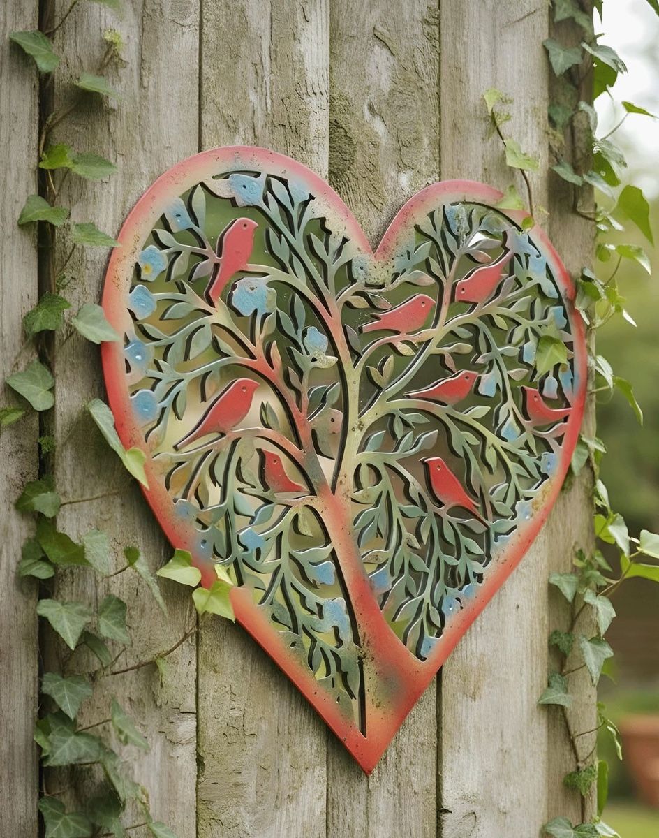 Digital Illustration of the "Aviary Tree" Heart Shaped Garden Mirror Wall Art Mounted on a Garden Fence
