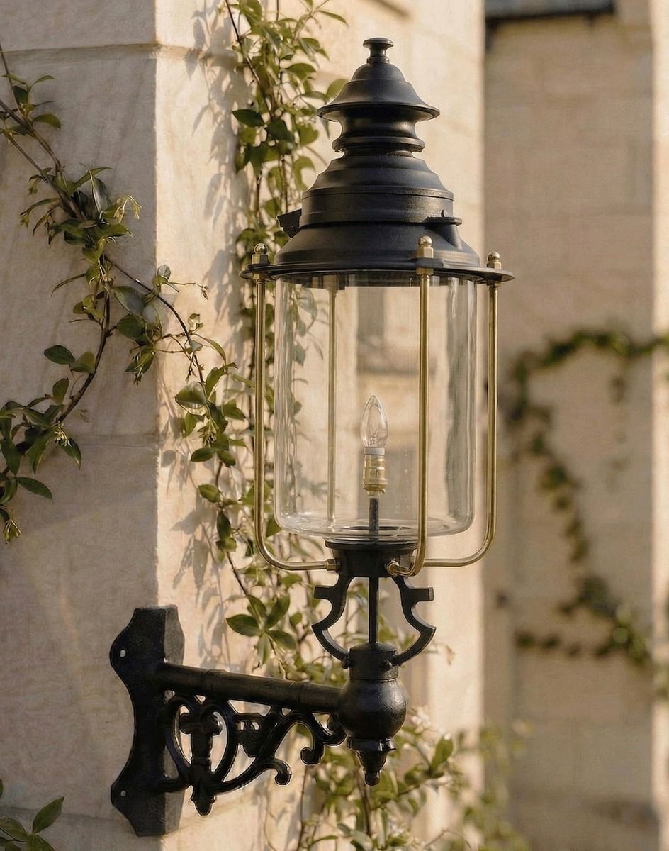 Digital Illustration of the Belgravia Lantern on a Corner Bracket Mounted on a Rustic Sandstone Brick Garden Wall