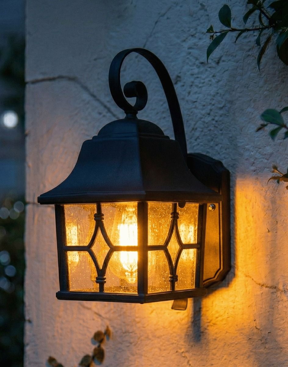 Digital Illustration of the Black "Alford" Traditional Wall Lantern Lit up at Night