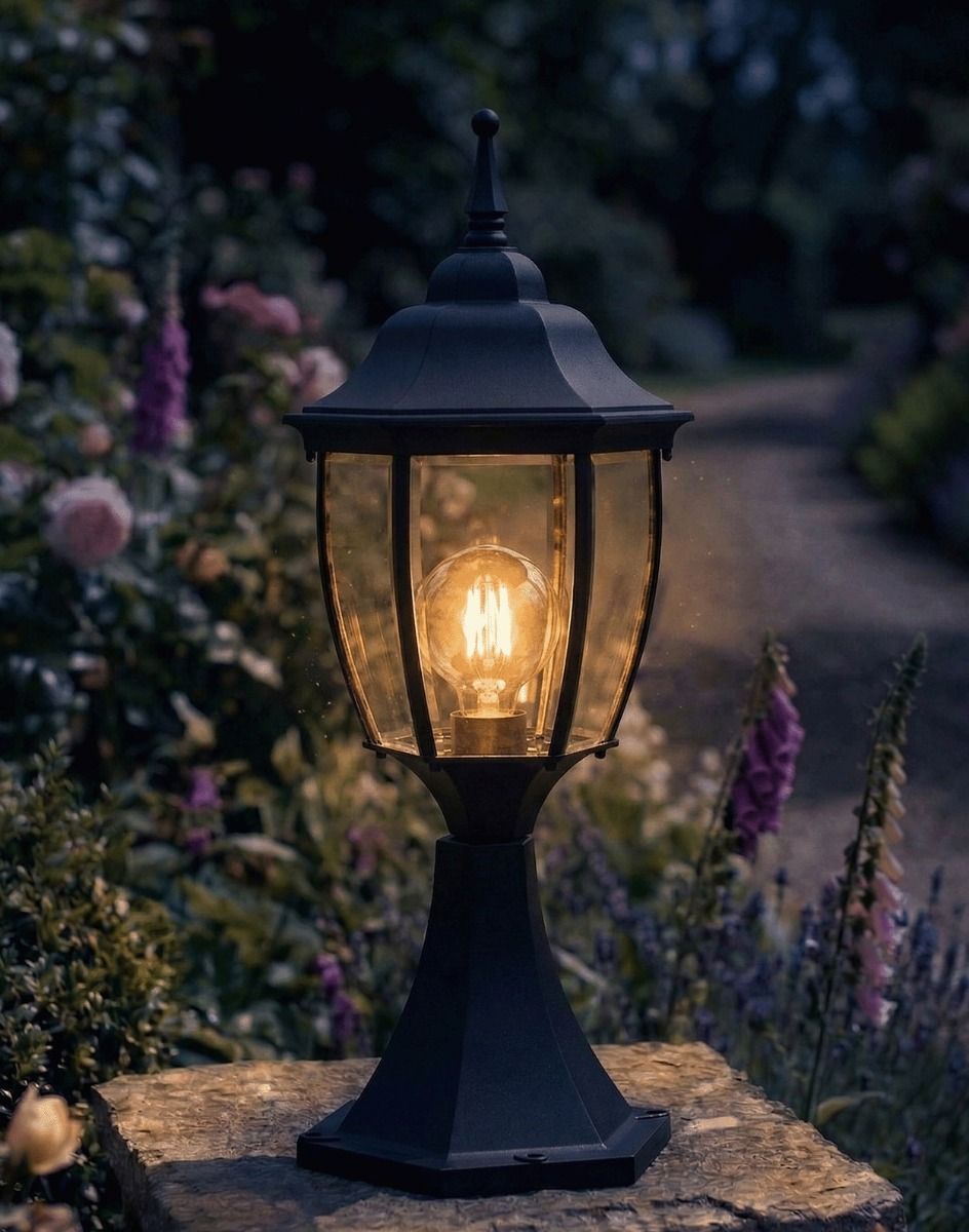 Digital Illustration of the Black "Chloé" Pillar Light Mounted on a Stone Garden Pillar Lit up at Night