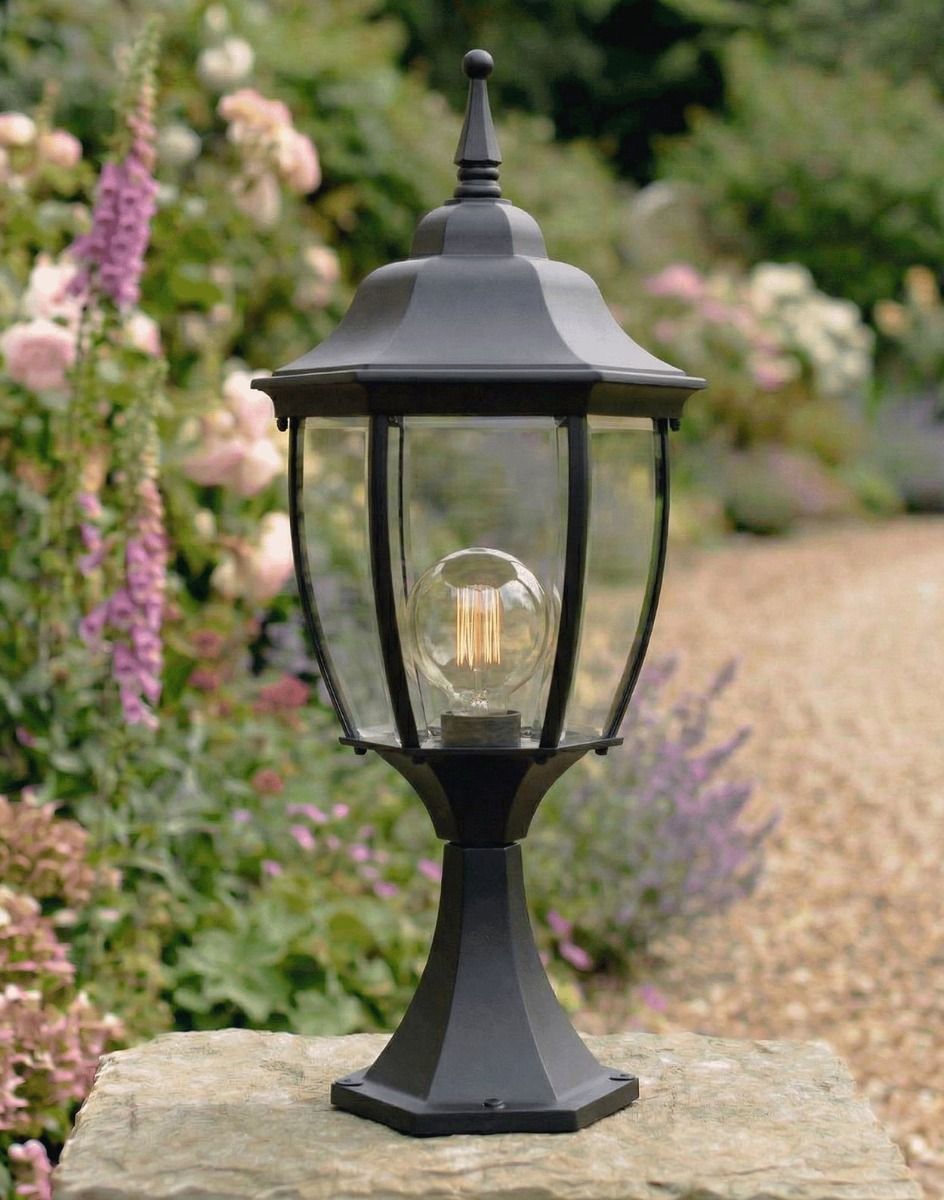 Digital Illustration of the Black "Chloé" Pillar Light Mounted on a Stone Garden Pillar Viewed Faced on