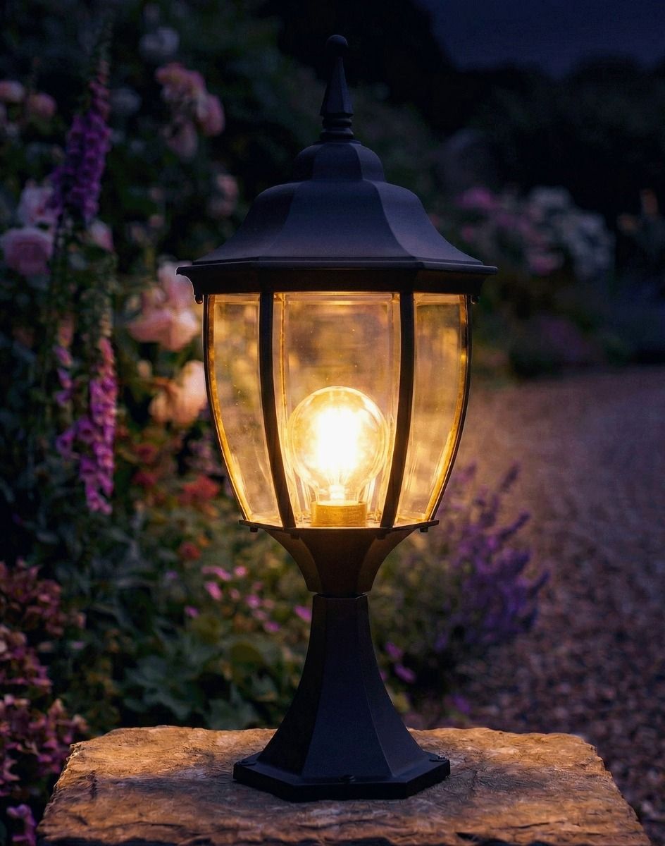 Digital Illustration of the Black "Chloé" Pillar Light Mounted on a Stone Garden Pillar Viewed Faced on Lit up at Night